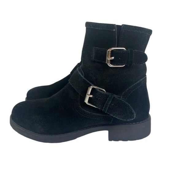 Steve Madden 7.5 Alick black suede moto boots w/buckles and low heel - Picture 2 of 6